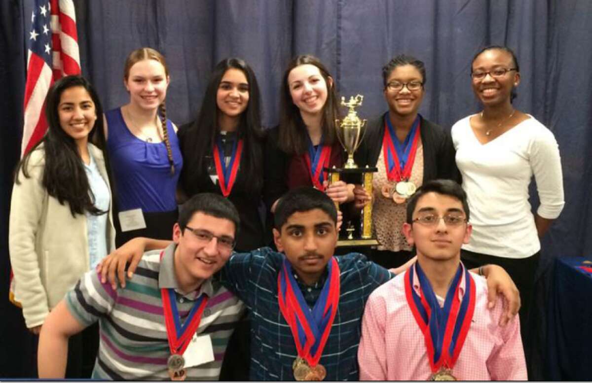 Members and alternates of the THS Academic Decathlon Team who competed at the CTAD state competition on March 5, 2016 at New Fairfield High School. Top row left to right: Srishti Pathadia, Elisabeth Stankevitz, Saloni Shah, Alexandra Dima, Daejah Woolery, and Danielle Cross. Bottom Row left to right: Viraj Dongaonkar, Lalith Gannavaram, and Ishan Negi. Not pictured: Harshpreet Singh.