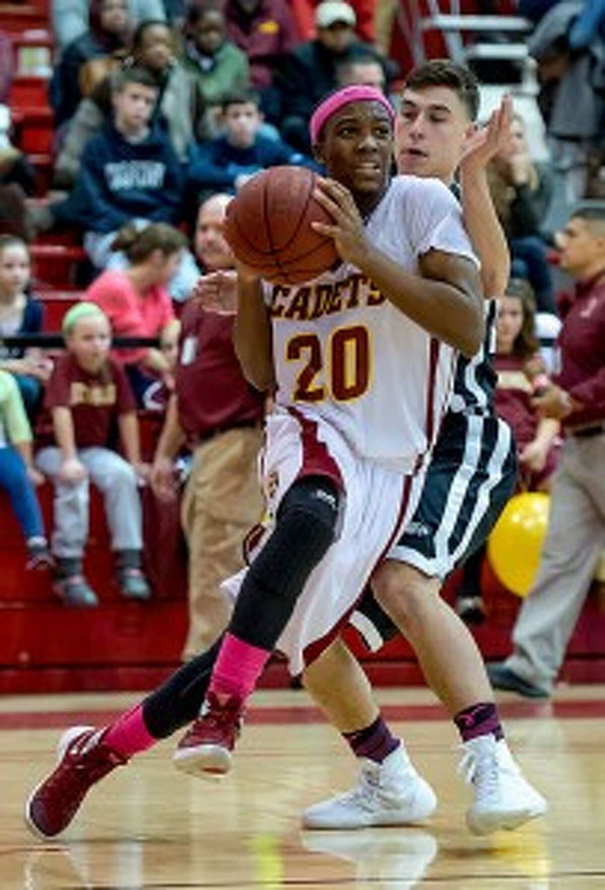 Omar Telfer, driving to the hoop versus Trumbull, scored 12 points in the Cadets' 63-58 win over Bridgeport Central. - David G. Whitham photo