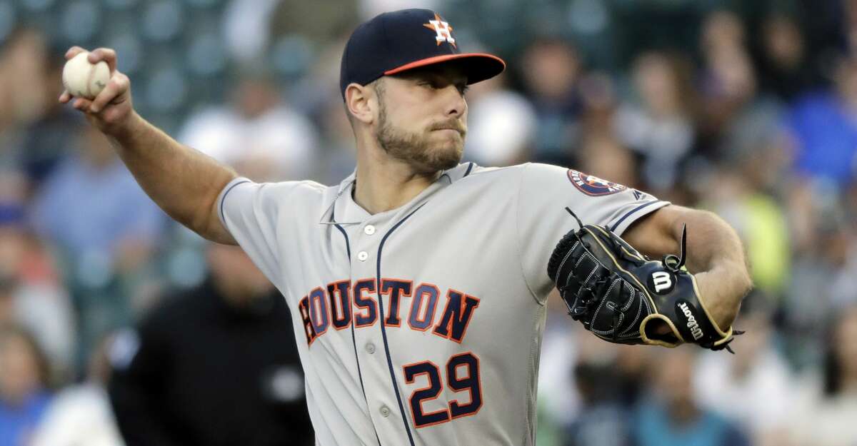 Houston Astros starting pitcher Corbin Martin throws against the Seattle Mariners during the first inning of a baseball game, Monday, June 3, 2019, in Seattle. (AP Photo/Ted S. Warren)