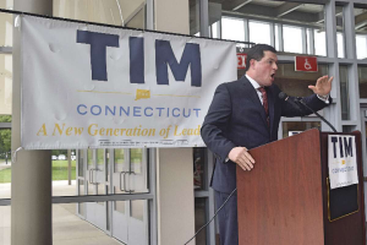 First Selectman Tim Herbst emphasizes a point during his speech announcing his intention to run for governor. — Dylan Haviland photo