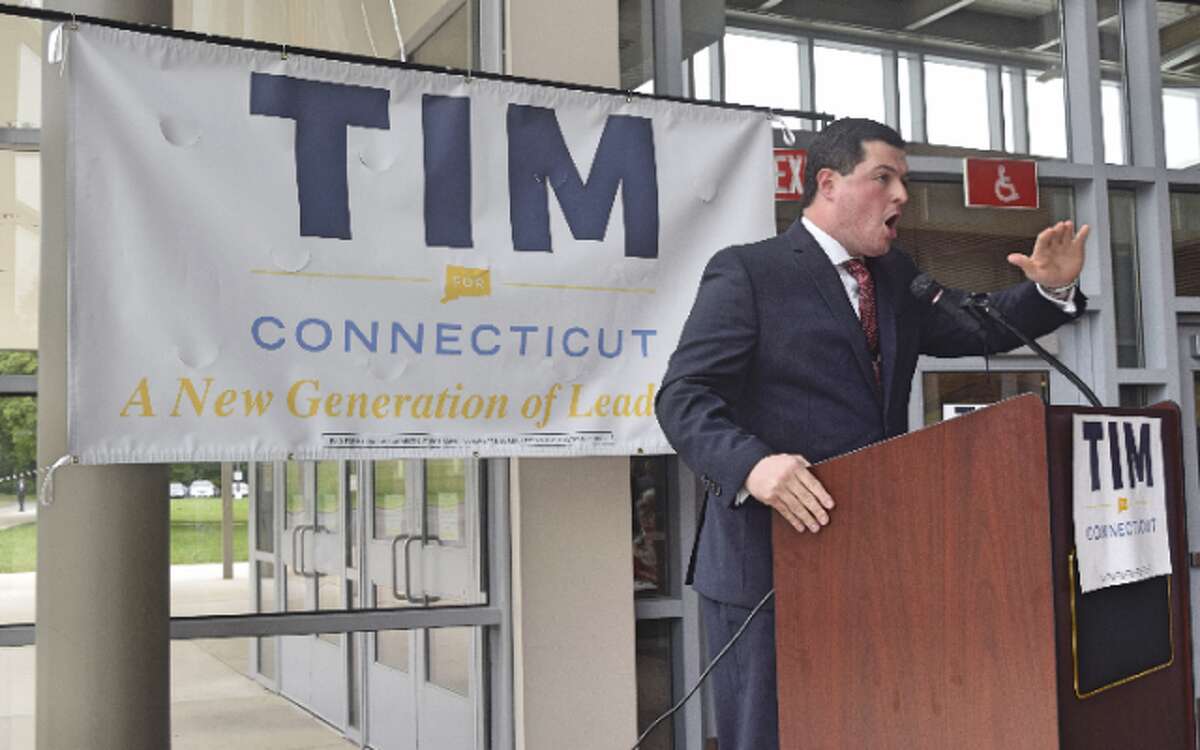 First Selectman Tim Herbst emphasizes a point during his speech announcing his intention to run for governor. - Dylan Haviland photo