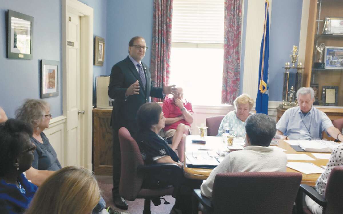 Republican First Selectman candidate Paul Lavoie speaks to the Trumbull Senior Commission.