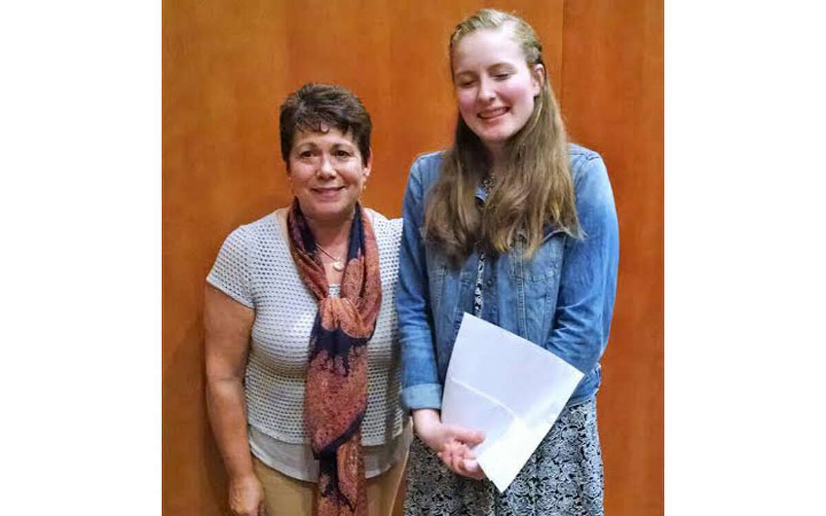 Long Hill Garden Club co-president Jamie Stadler and scholarship recipient Elise Rimkunas.