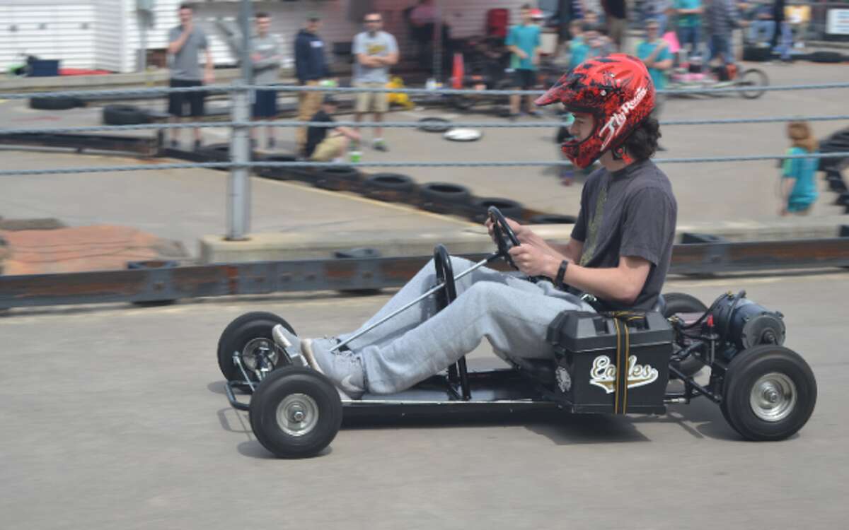 Jonathan McLeod drives the Trumbull High alternative racing go-kart at Berlin Raceway. The Eagles completed 102 laps of the six-turn course in 60 minutes. — Submitted photo