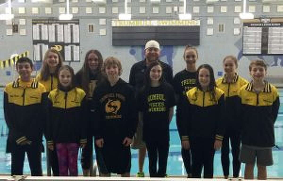 The Trumbull Pisces will be well represented at the CT State Age Group Championships. Pictured (front row) are: Raj Padda, Audrey Kehley, Cameron Kosak, Norah Hampford, Kristen Racicot and Alexander Ivanovich; (second row) Elizabeth Stoelzel, Anna Hoydastian, head coach Bill Strickland, Julia Nevins and Jacqueline Dale.