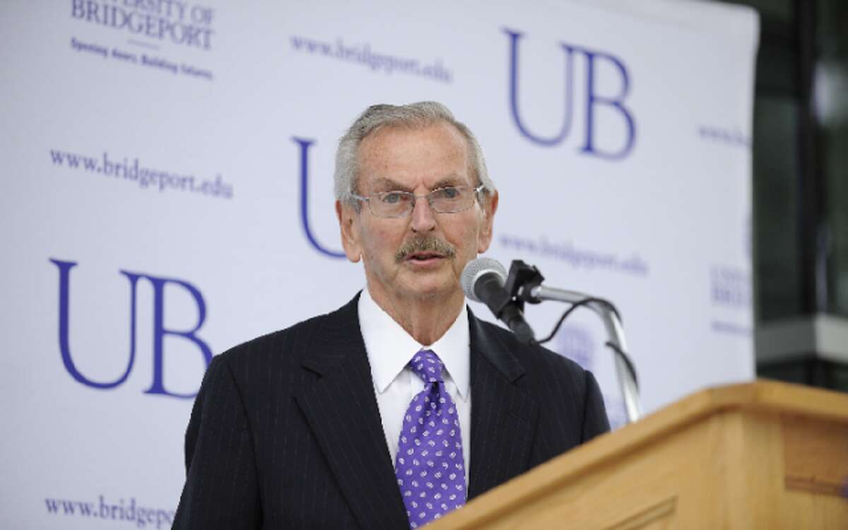 Ernest Trefz speaks at the dedication of the Ernest C. Trefz School of Business at the University of Bridgeport in 2014 — University of Bridgeport photo