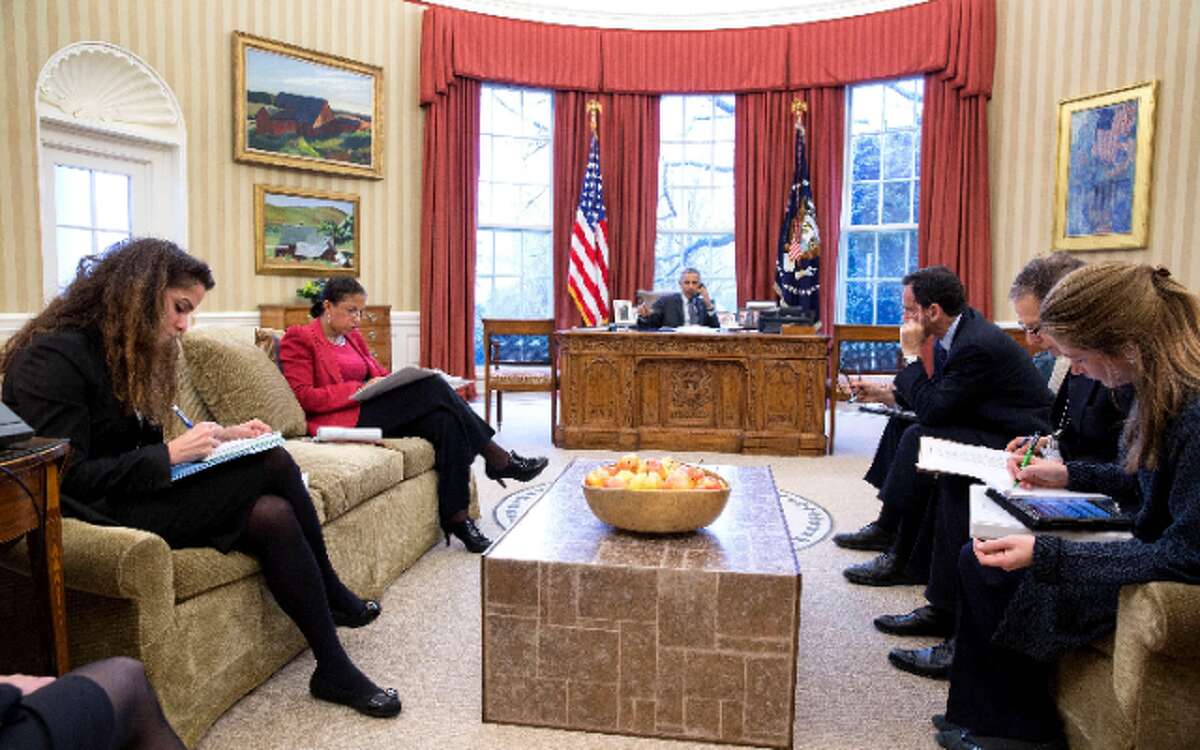 President Barack Obama talks on the phone with Chancellor Angela Merkel of Germany in the Oval Office, March 27, 2015. Attendees from left are Sahar Nowrouzzadeh, Director for Iran; National Security Advisor Susan E. Rice; Phil Gordon, White House Coordinator for the Middle East, North Africa, and the Gulf Region; Charles Kupchan, Senior Director for European Affairs and Avril Haines, Deputy National Security Advisor. — Official White House Photo by Pete Souza