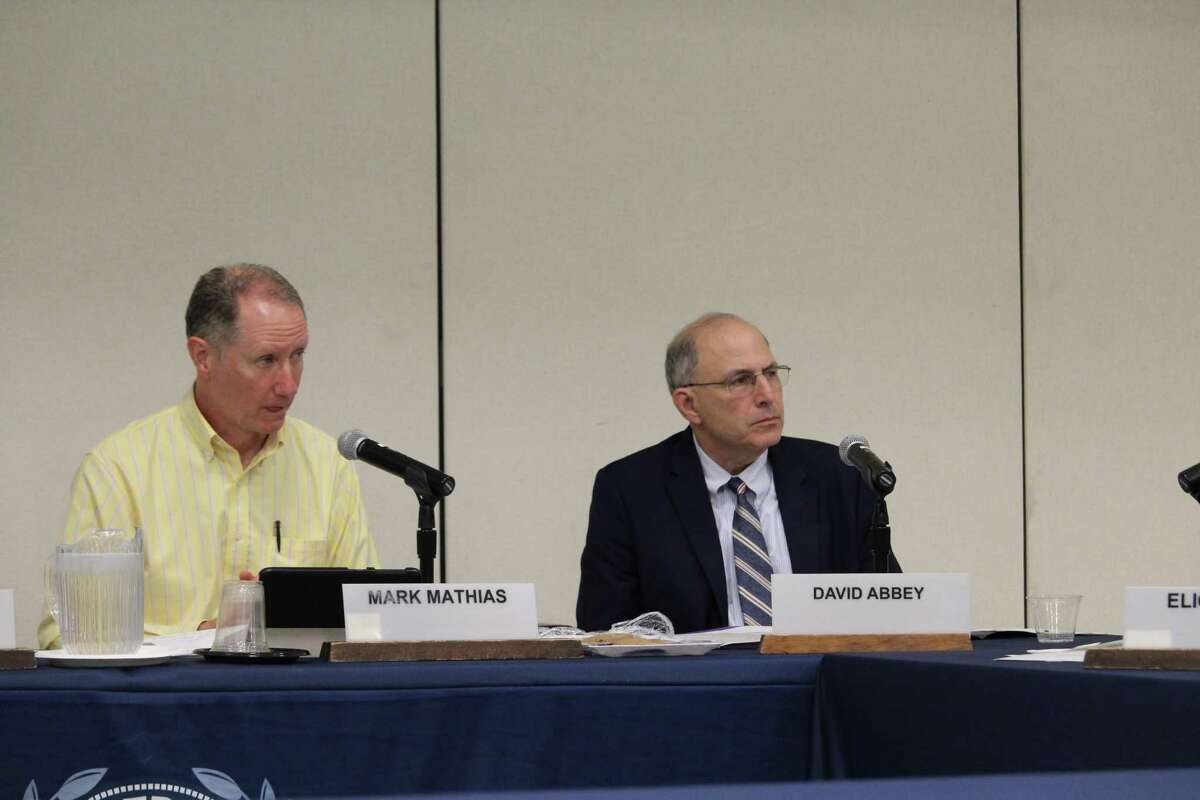 Board of Education Chairman Mark Mathias and Interim Superintendent David Abbey at the Board of Education meeting Monday night. Taken June 3, 2019 in Westport.