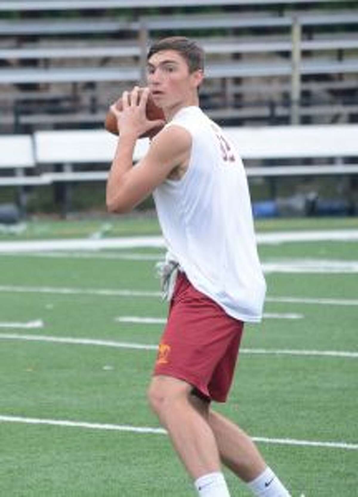 Will Diamantis, showing off his arm in summer drills, leads a talented group of Cadet receivers. — Andy Hutchison photo