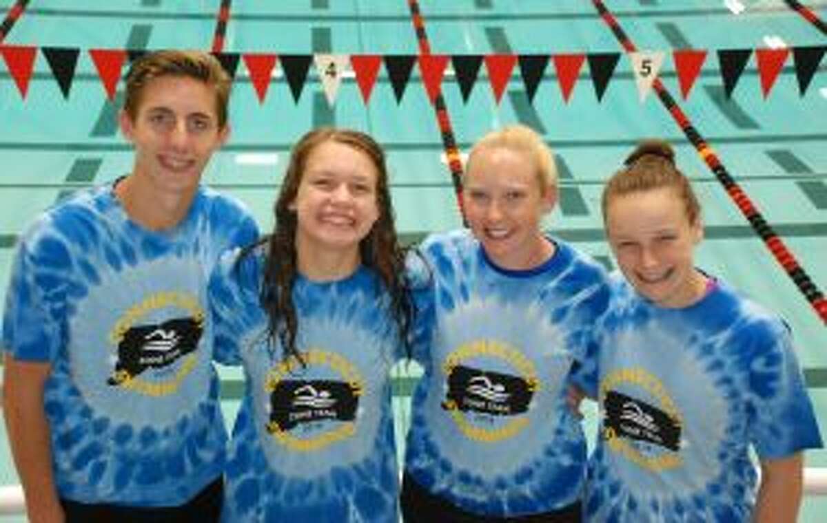 Trumbull Pisces at the Eastern Zones Championships were Liam Crecca, Liz Stoelzel, coach Colleen Carroll and Kristen Racicot.