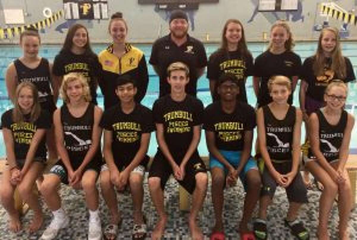 Leading the Trumbull Pisces at the Senior Championships (front row) were: Caitlyn Dale, Cameron Kosak, Raj Padda, Liam Crecca, Rohit Gunda, Alex Ivanovich and Loralai Dale; (second row) Kristen Racicot, Norah Hampford, Julia Nevins, coach Bill Strickland, Liz Stoelzel, Jackie Dale and Audrey Kehley. Missing from photo is Erin Racicot.