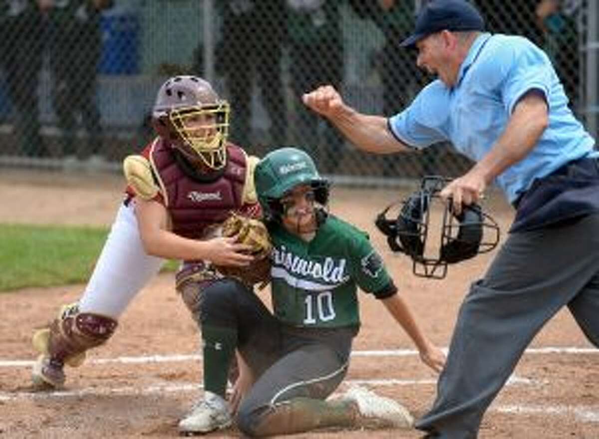 Charlee Horton makes the tag and Griswold's Madison LoBossiere sees the out call at home.