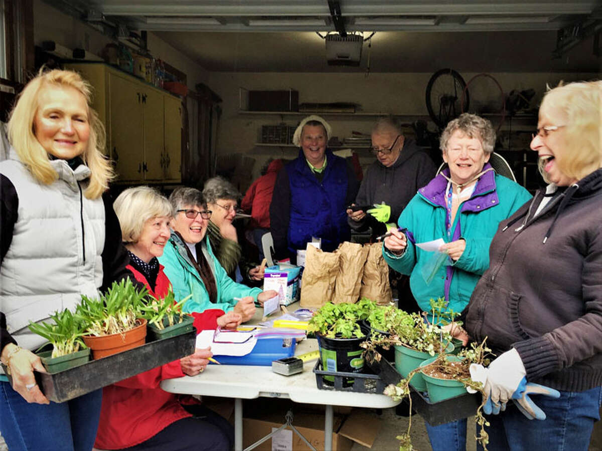 Members of the Long Hill Garden Club prepare for the May 5 th Plant Sale.