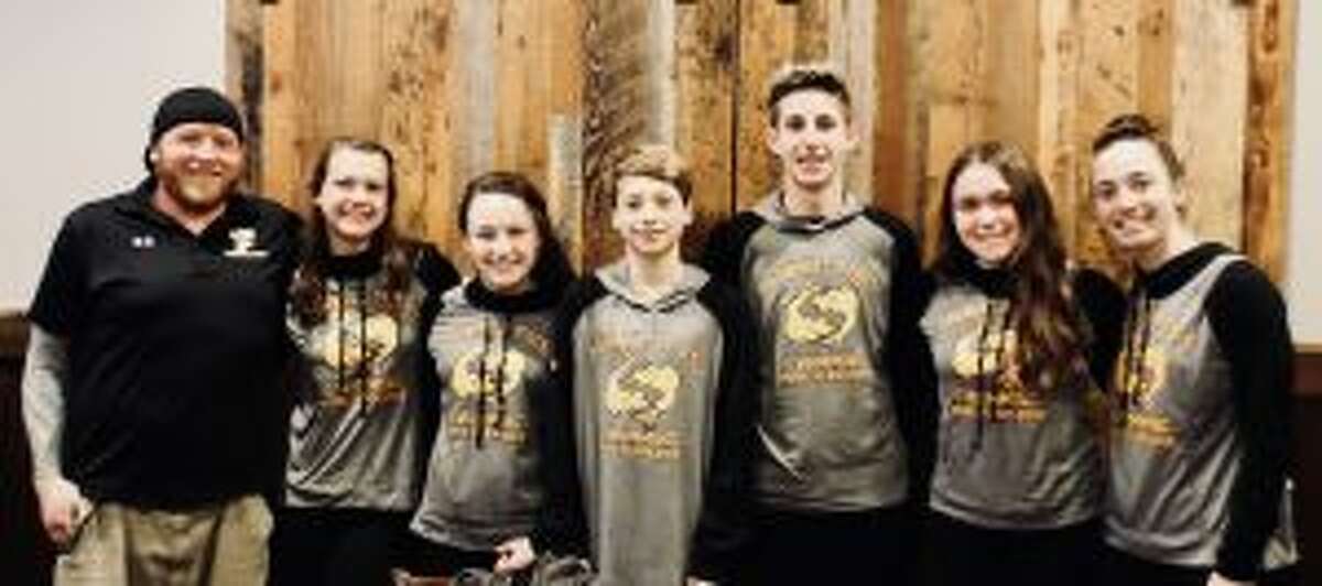 Head coach Bill Strickland, Liz Stoelzel, Kristen Racicot, Alexander Ivanovich, Liam Crecca, Anna Haydostian and Julia Nevins at the Eastern Zones Championships.