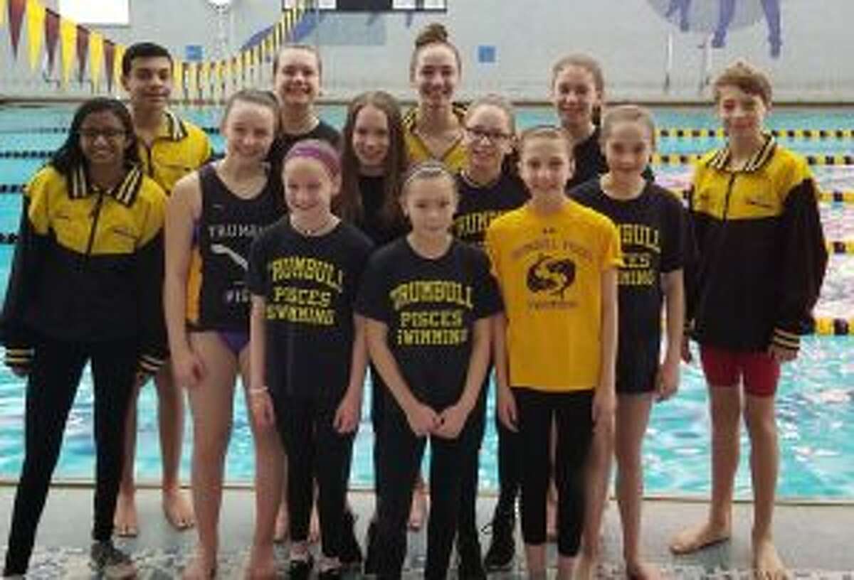 Swimmers competing (front row) included: Keira Redgate, Lizbeth Constante and Sarah Johnson; (second row) Anisha Kurup, Kristen Racicot, Caitlyn Dale, Loralai Dale, Hope Ivanovich and Alex Ivanovich; (third row) Raj Padda, Liz Stoelzel, Julia Nevins and Jackie Dale. Missing from photo are Cameron Kosak and Nancie Ziegler.