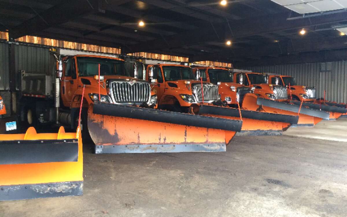 Snow plows are ready at the town's Public Works garage. As of noon, snow had not begun sticking to roads.