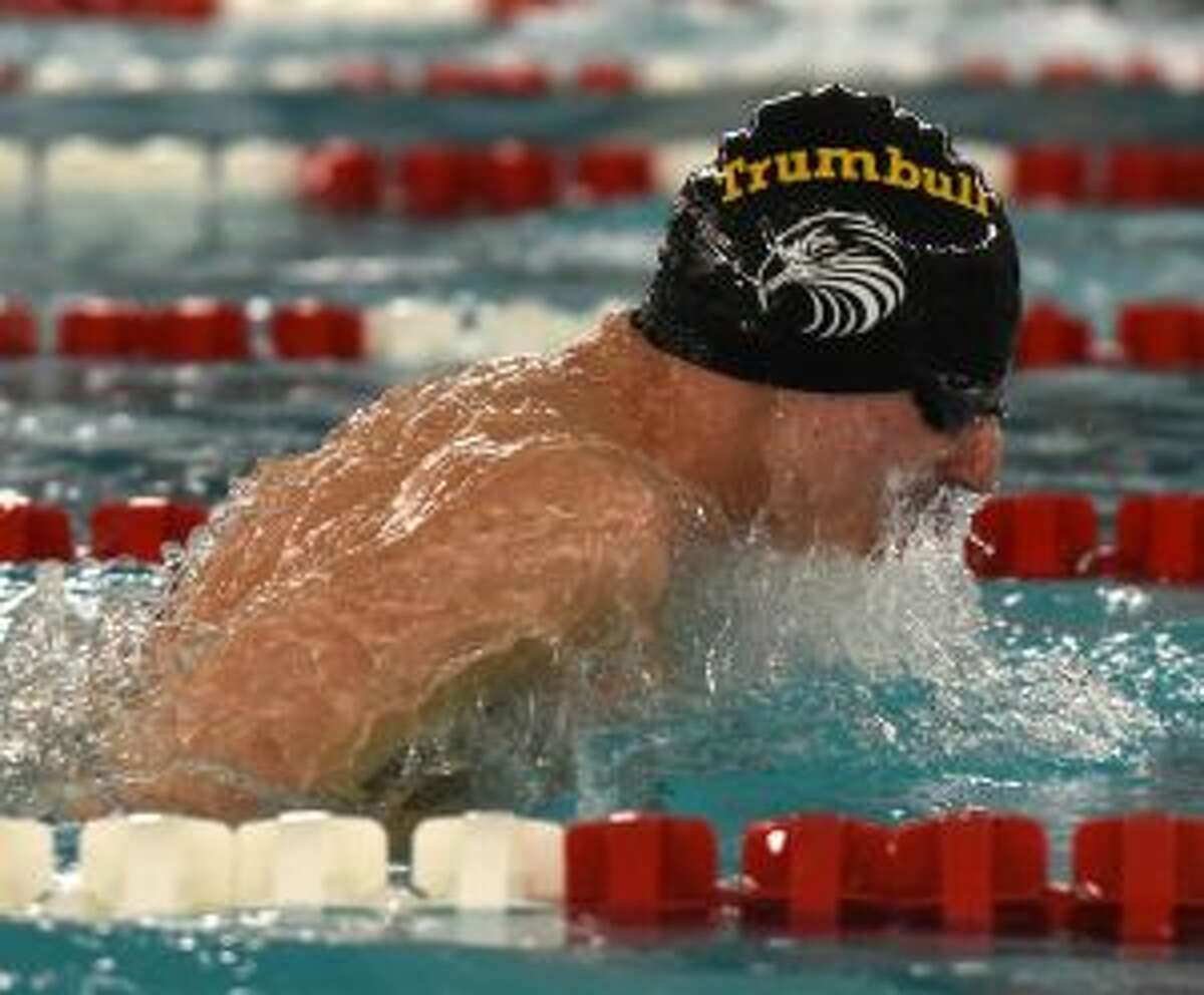 Anthony Lemma competes for Trumbull in the 400 medley relay. — Dave Stewart photo