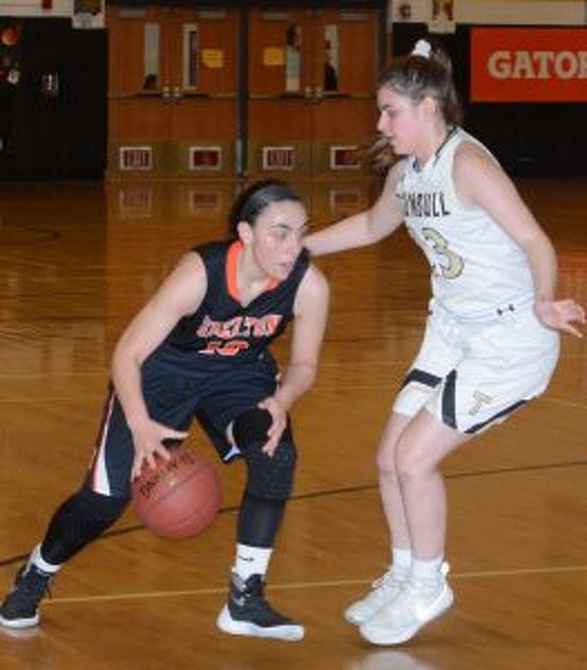 Julie Keckler looks to stop Shelton's Kayla Resto during Trumbull's Class LL game. — Andy Hutchison photo