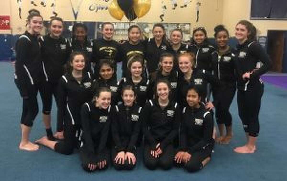 Trumbull High’s girls gymnastics team will compete at the FCIAC Championships on Feb. 10. Team members (front row) are: Dale Kivits, Rachel Kapteina, Allie Koch and Vanshika Gupta; (second row) Sarah Gold, Rassica Bakane, Olivia Vlachogiannis, Sam Benitez and Callan Vaughn; (third row) Gillian Primavera, Leah Karlan, Chanti Boyd, captain Natalie Smerling, Sam Markland, Ashleigh Johnson, Olivia Hogan, manager Betsy Hernandez, Samaura Steele and Merritt Stevenson.