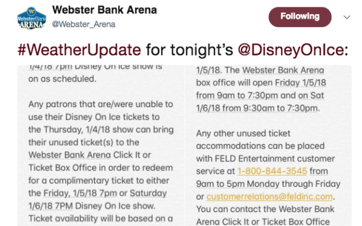 Tonight's Disney on Ice show is on as scheduled, but tickets for the show can be redeemed tomorrow or Saturday.