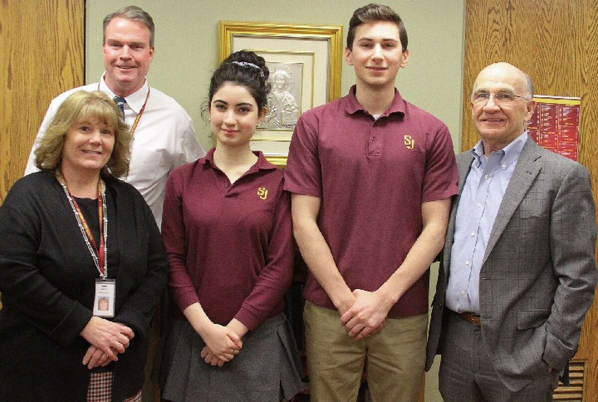 Anna Argulian, third from left, and Christopher Rossetti, fourth from left, have been named valedictorian and salutatorian of St. Joseph High School's Class of 2019. Also shown, from, left are Assistant Principal Nancy DiBuono, Principal James Keane, and Head of School William Fitzgerald.