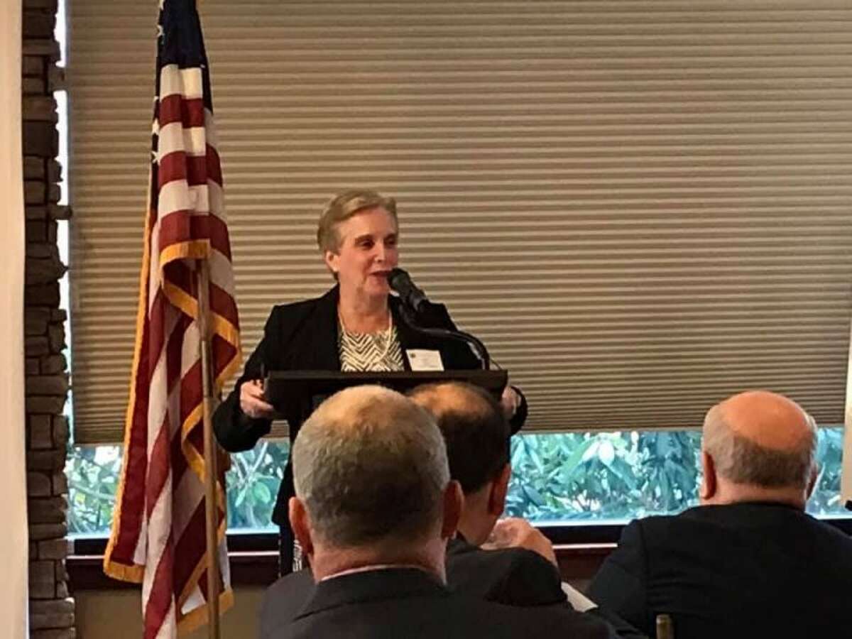 Vicki Tesoro delivers the 2019 State of the Town Wednesday morning at Tashua Knolls. — Town of Trumbull photo