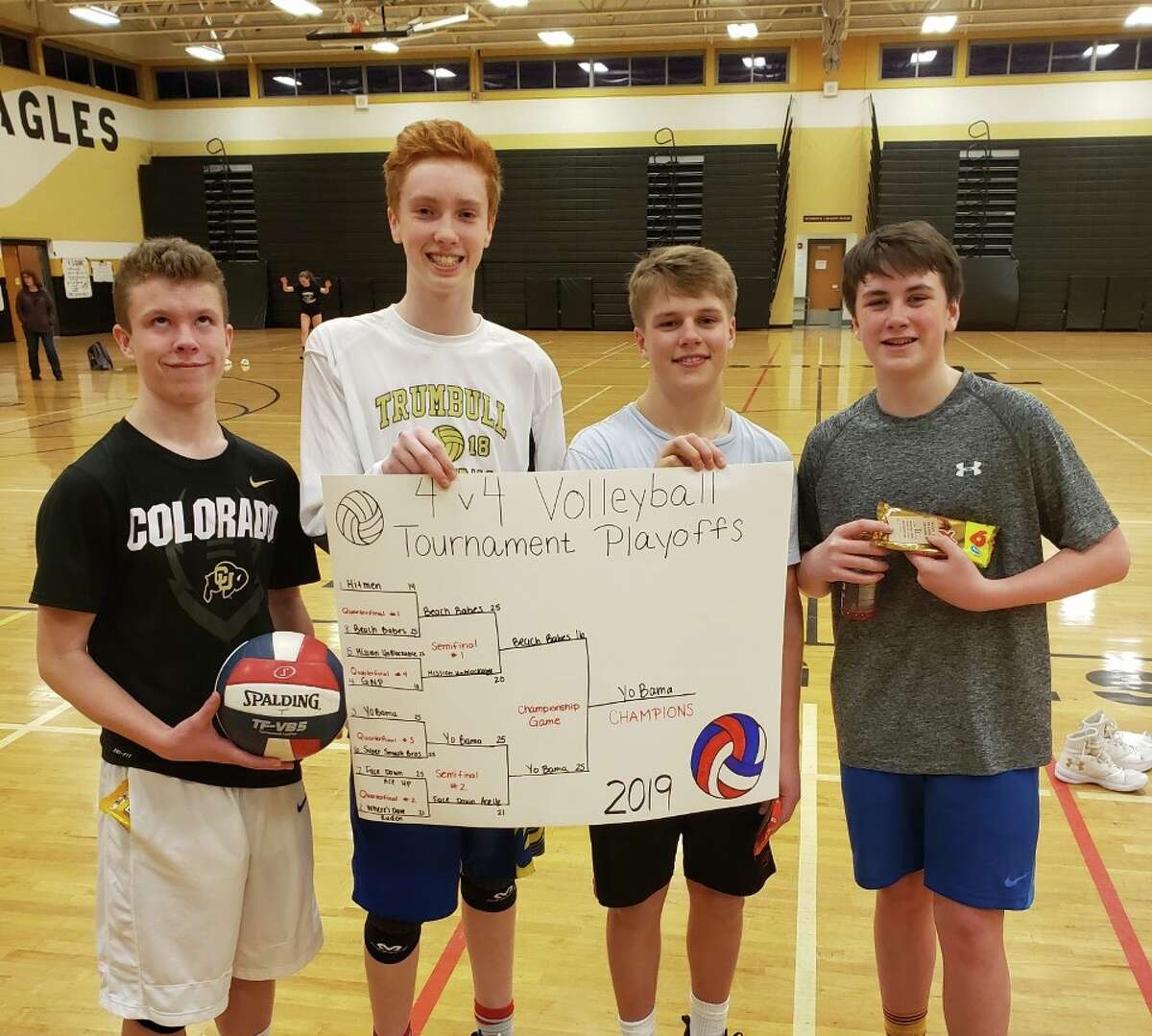 Henry Carlson, Anthony O’Sullivan, Derek Zielinski and Brendan Maguire captured first place in the 8th annual 4x4 Volleyball Tournament.