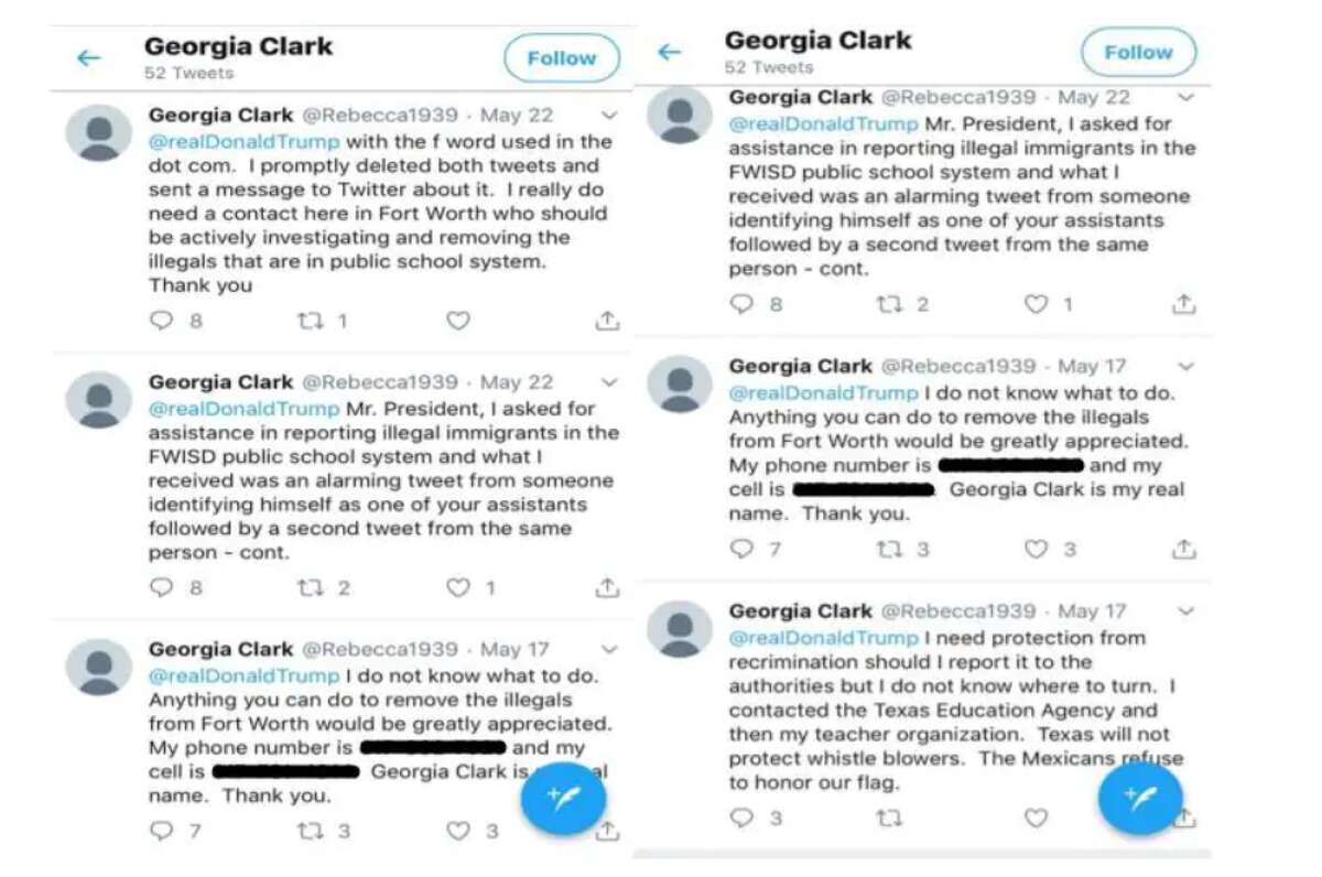 Some of Georgia Clark's tweets to President Trump. (Fort Worth ISD)