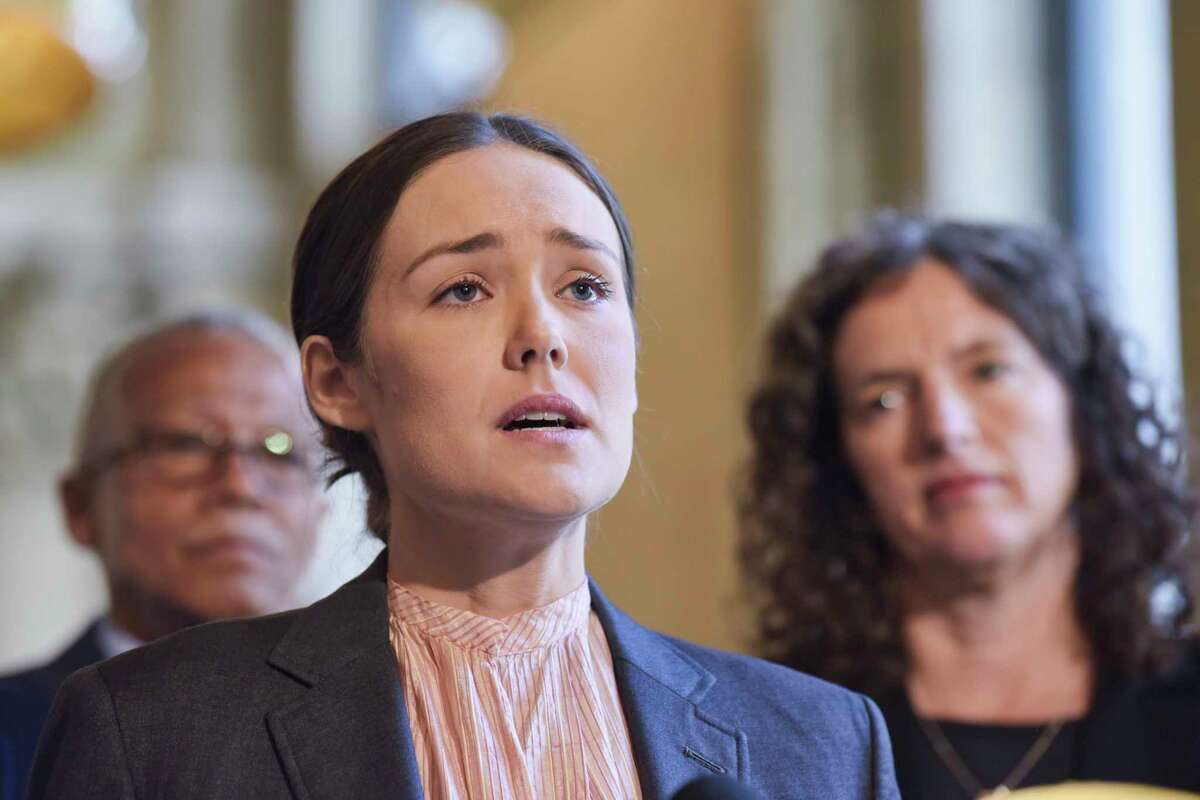 Actor Megan Boone along with Senators, Assembly members and other supporters of climate legislation hold a press conference to discuss their push for legislation on Tuesday, June 4, 2019, in Albany, N.Y. (Paul Buckowski/Times Union)