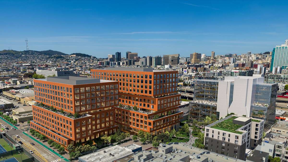An artist's rendering of Tishman Speyer's Central SoMa office project planned at�Fifth and Brannan streets.