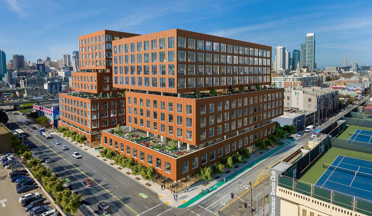 An artist's rendering of Tishman Speyer's Central SoMa office project planned at Fifth and Brannan streets.