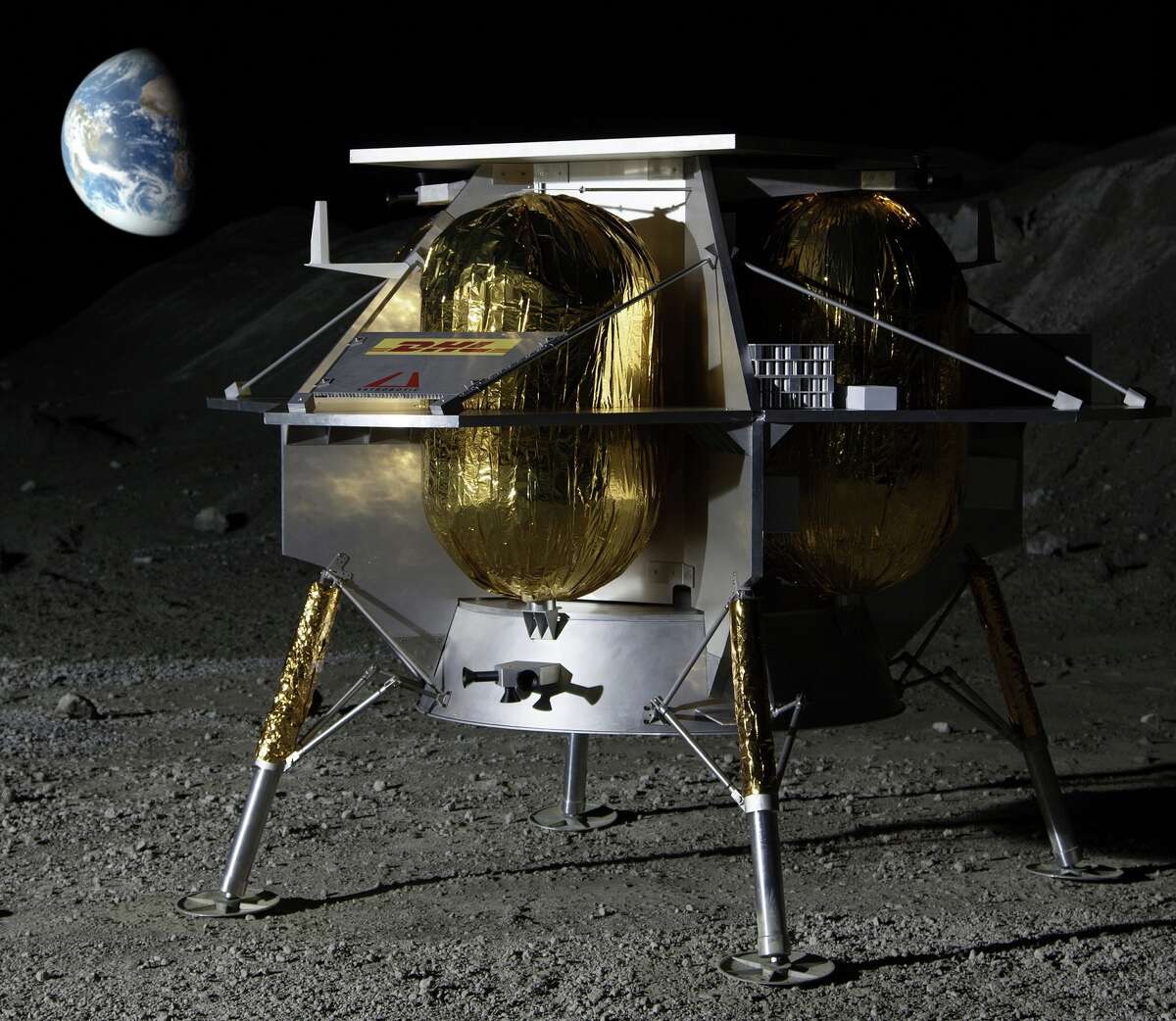 Pictured is a rendering of Pittsburgh-based Astrobotic's lunar lander. It has proposed to fly as many as 14 payloads to a large crater on the near side of the Moon.