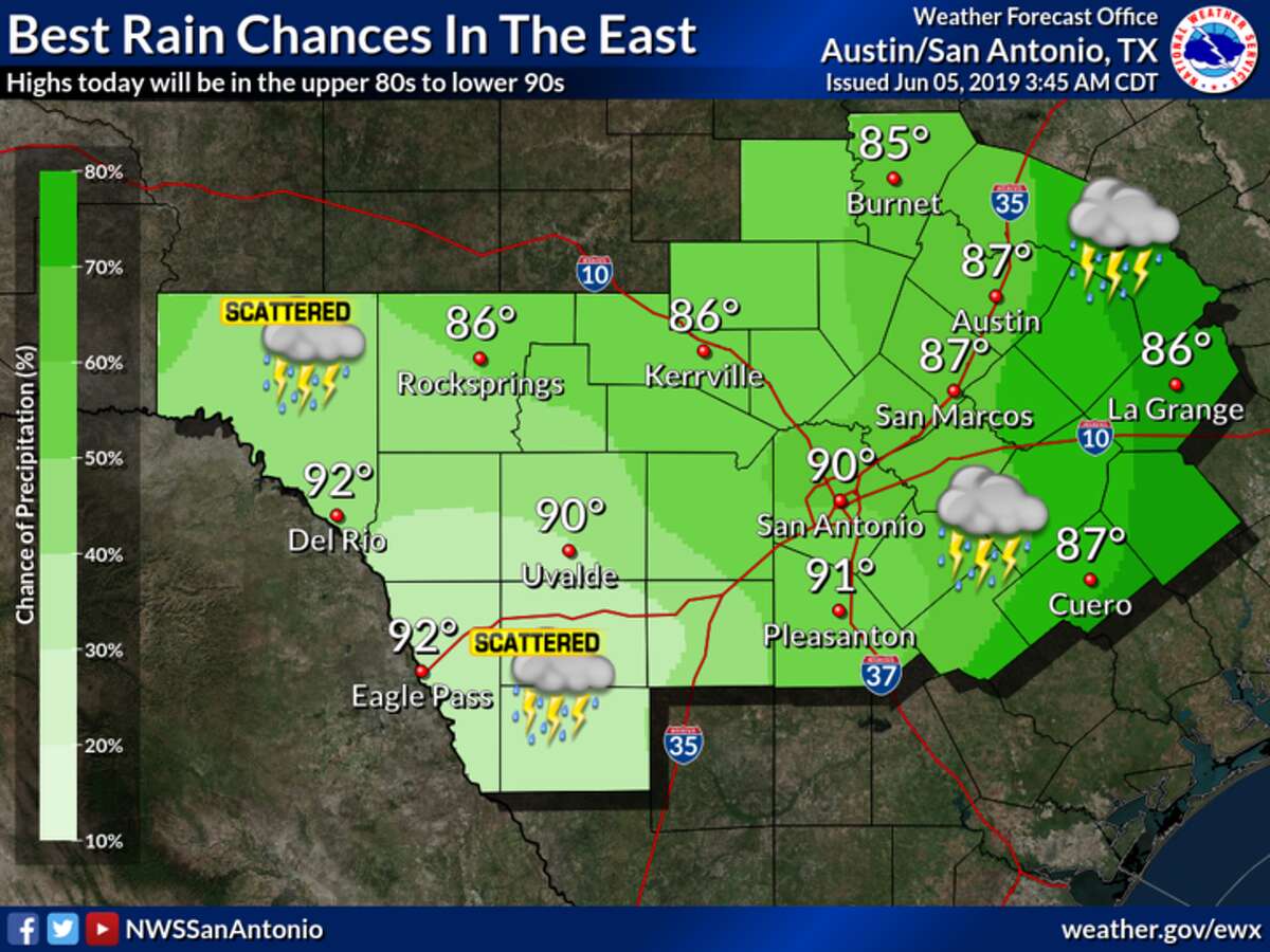 The best chances of rain for South Central Texas today look to be near and east of Interstate 35 and Interstate 37, the NWS said.