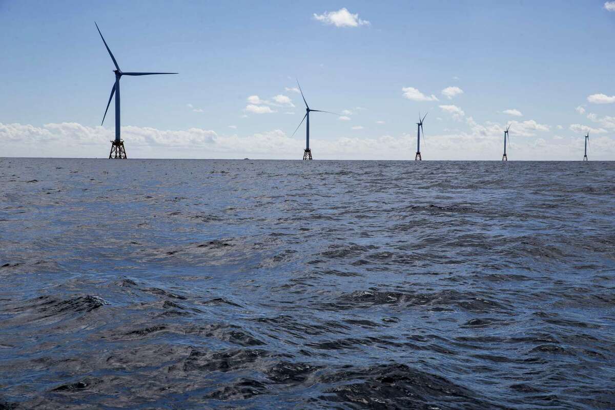 The Block Island Wind Farm stands in the water off Block Island.