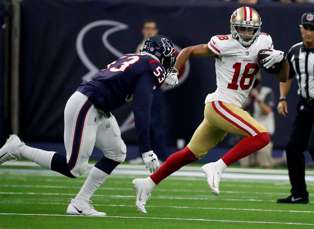 San Francisco 49ers wide receiver Dante Pettis (18) runs the ball against Houston Texans linebacker Duke Ejiofor (53) during the first quarter of an NLF preseason game at NRG Stadium, Saturday, August 18, 2018, in Houston.