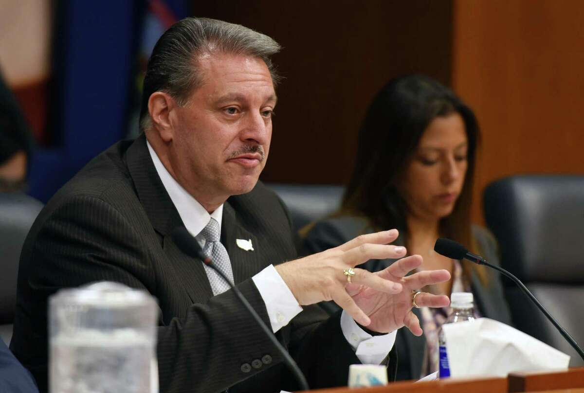 Senator Joseph P. Addabbo, Jr asks a questions for Deputy Secretary of the NYS Gaming Commission Robert Williams and Equine Medical Director of the NYS Gaming Commission Scott Palmer during a public hearing on the welfare of racehorses in New York state on Wednesday, June 5, 2019 in Albany, NY. (Phoebe Sheehan/Times Union)