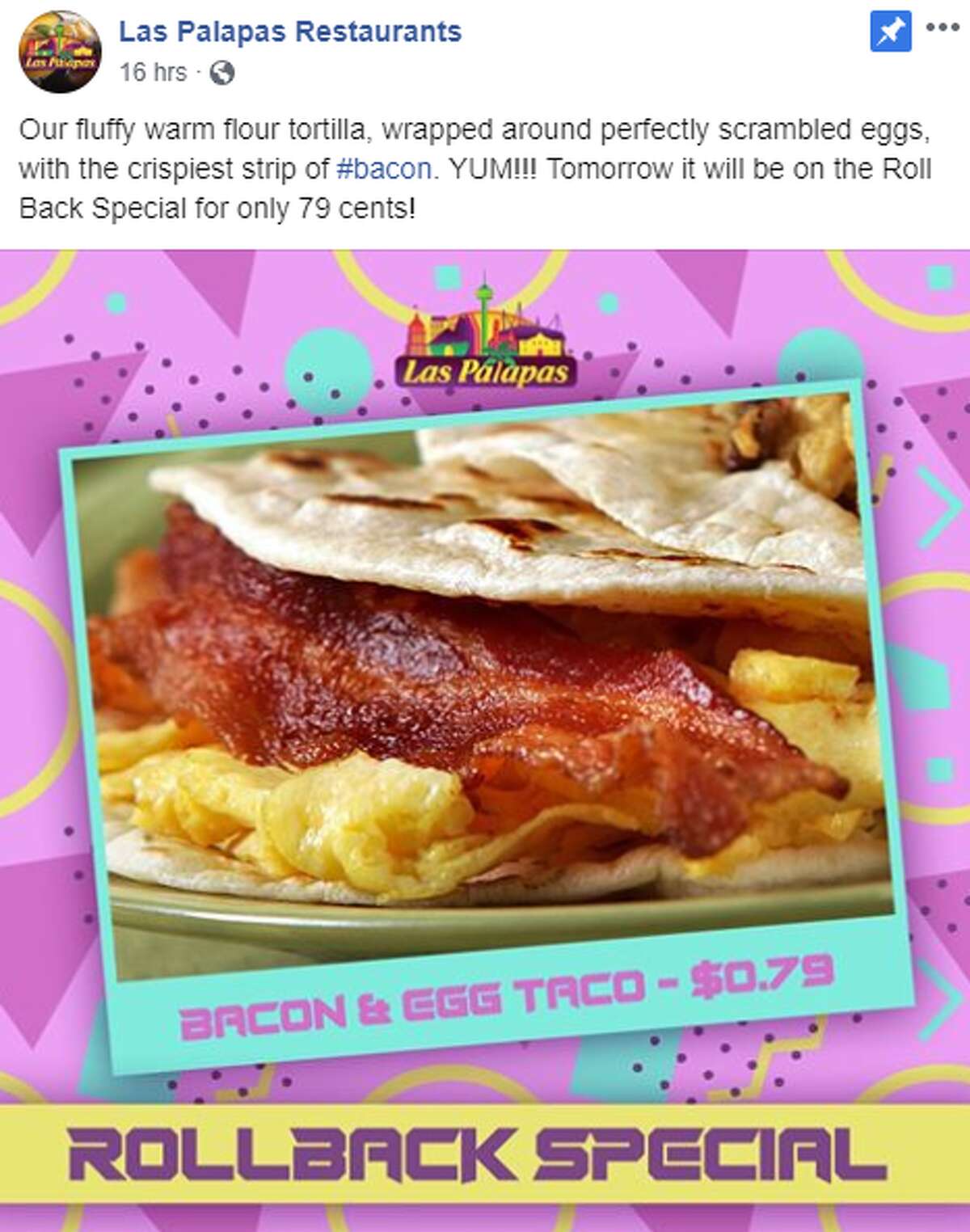 San Antonio chain Las Palapas is going way back this Wednesday with a rollback special on bacon and egg tacos.