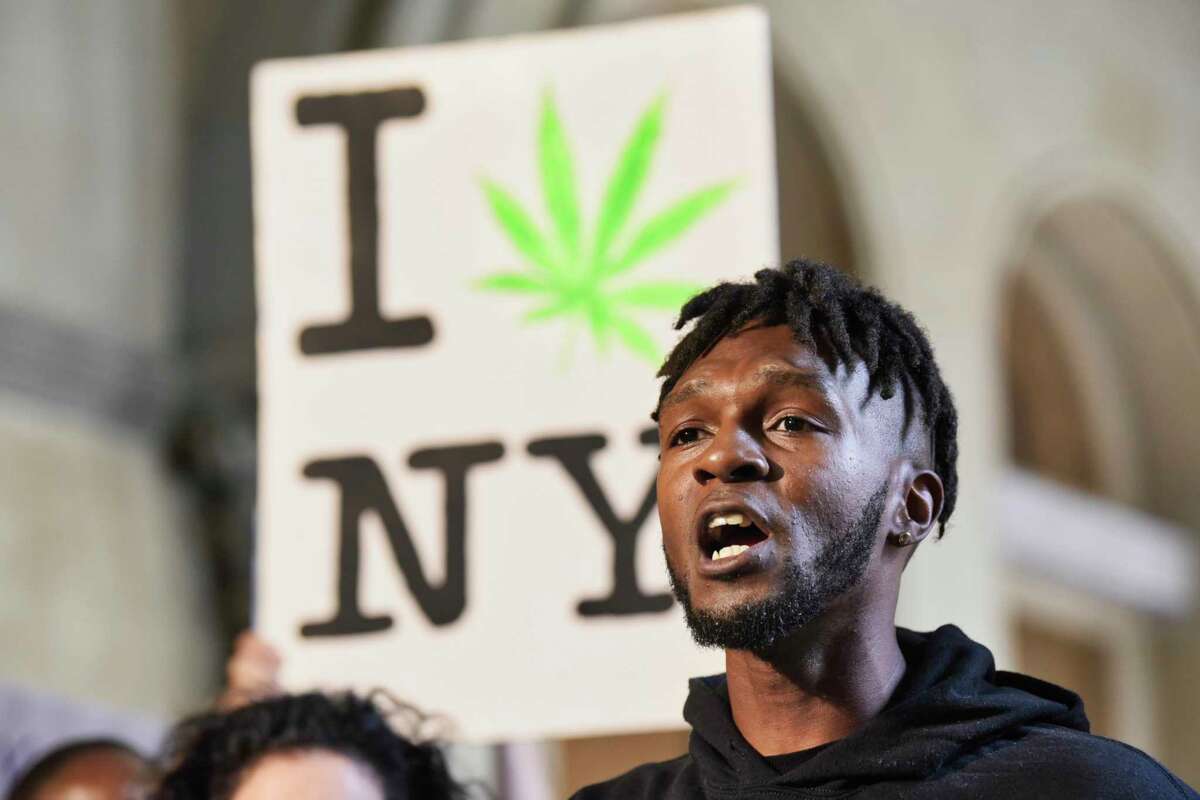 Jawanza Williams, director of organizing for Vocal New York, calls on the governor and legislators to pass marijuana reform this session during a press conference held by supporters of legalizing marijuana on Wednesday, June 5, 2019, in Albany, N.Y. (Paul Buckowski/Times Union)