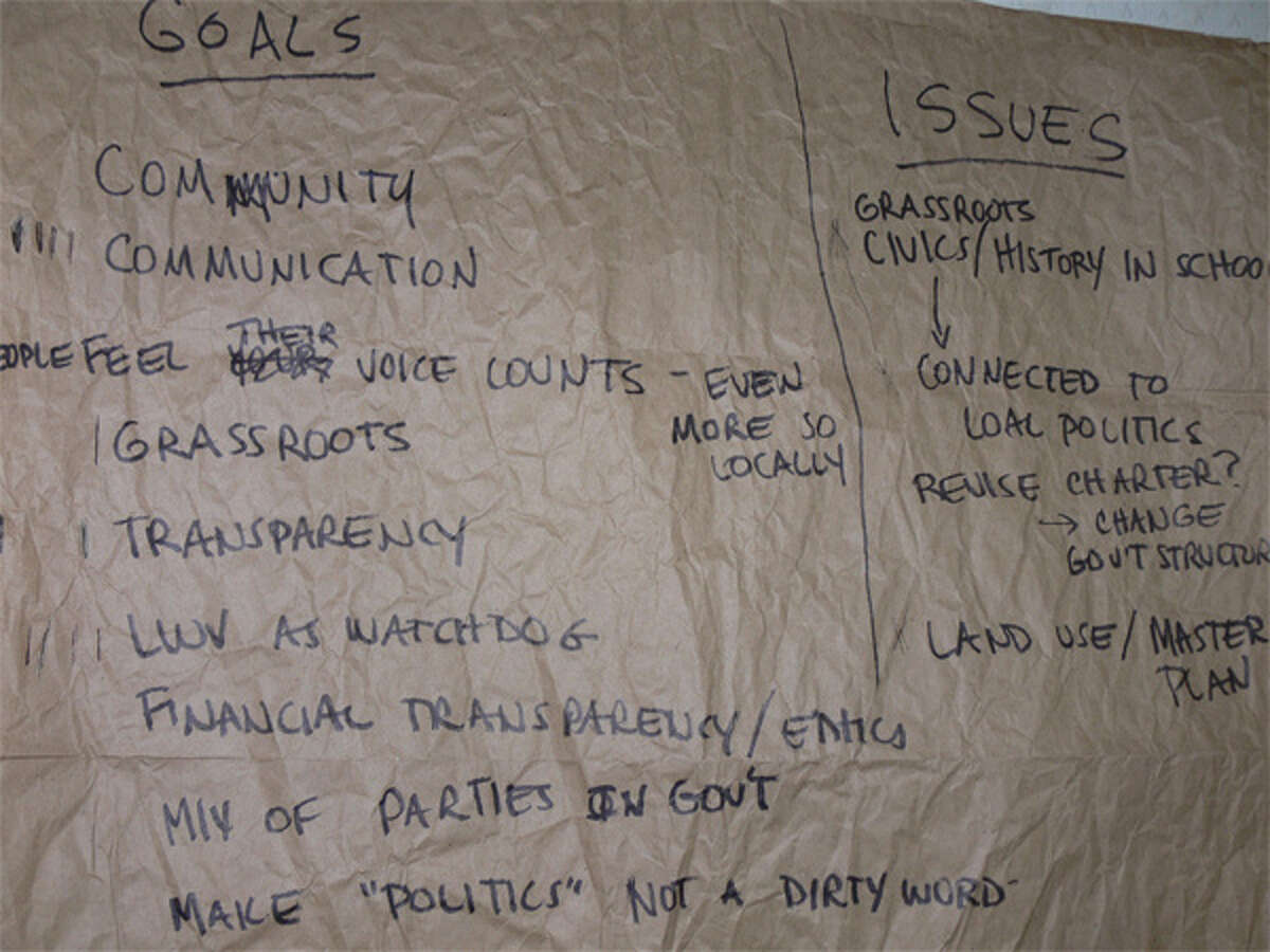 At the organizational meeting for the Shelton League of Women Voters, the group’s possible “goals,” “issues” and “activities” were written down on paper hung on a wall.
