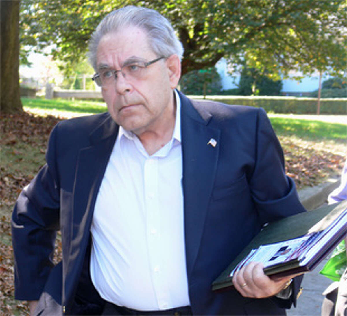 Democrat Judson Crawford at a press conference in front of Shelton City Hall.