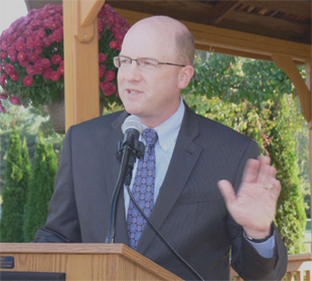 David M. Lawlor, president and CEO of United Methodist Homes, speaks at the event to celebrate renovations made to the Bishop Wicke Center in Shelton.