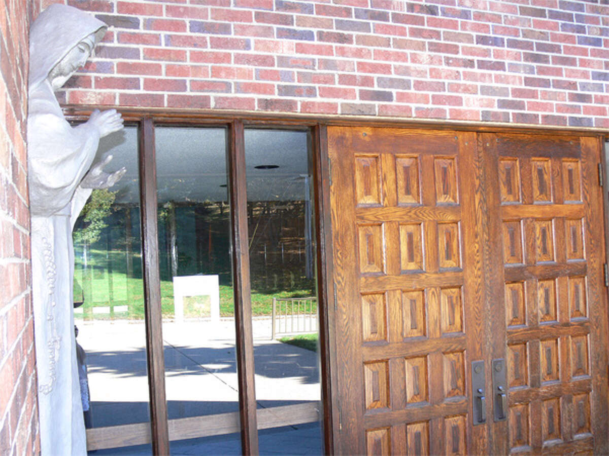 The front entrance to the Roman Catholic church that serves the Long Hill section of Shelton.