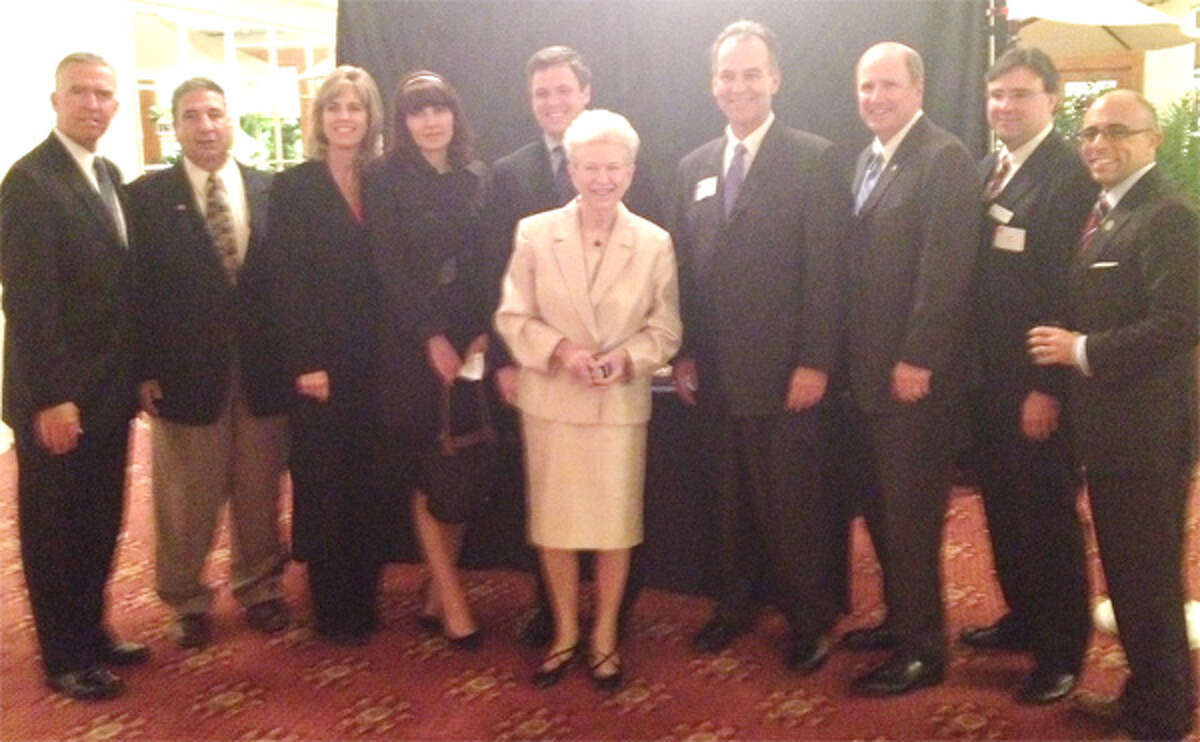 At the state Republican Party award ceremony, from left, are Tom Welch, Shelton Republican Town Committee Chairman Anthony Simonetti, Noreen McGorty, Alex Debicella, former state Sen. and award recipient Dan Debicella, former state Motor Vehicles Commissioner Gary DeFilippo, state Sen. Kevin Kelly, Chris Silhavey, and state Rep. Jason Perillo.