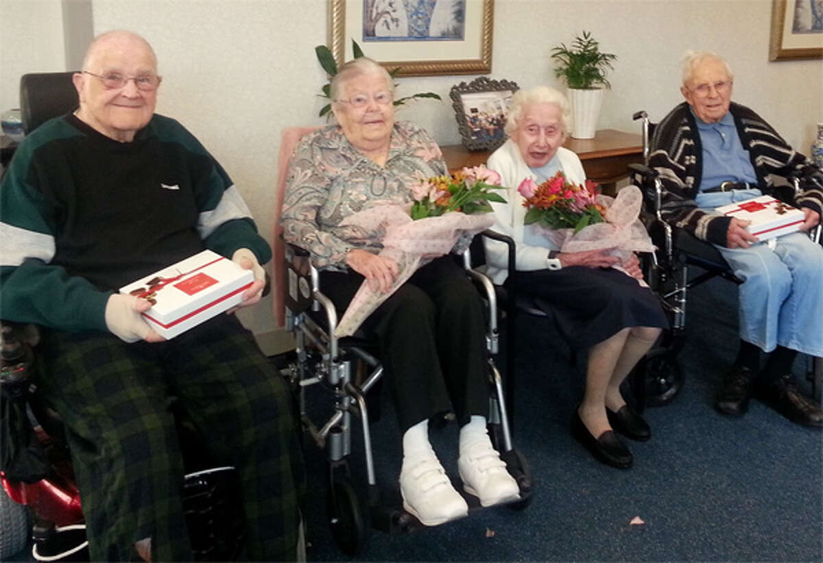 From left are Crosby Commons centenarians John Tiernan (who will turn 100 this month), Ella Bradbury (105), Anna May Finnucan (who turns 100 in November), and George “Bush” Clark (102).
