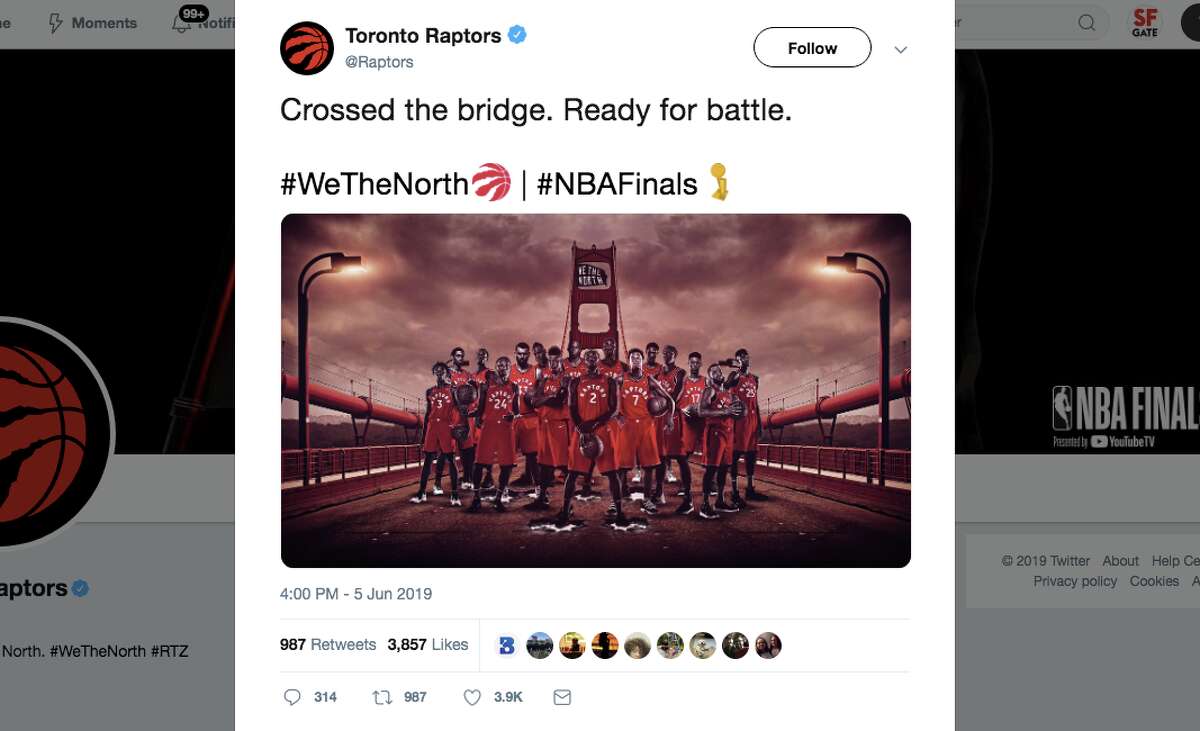 The Toronto Raptors got roasted on Twitter for posting a photo of the Raptors on the Golden Gate Bridge ahead of the Raptors Game 3 match up against the Golden State Warriors in the NBA Finals.