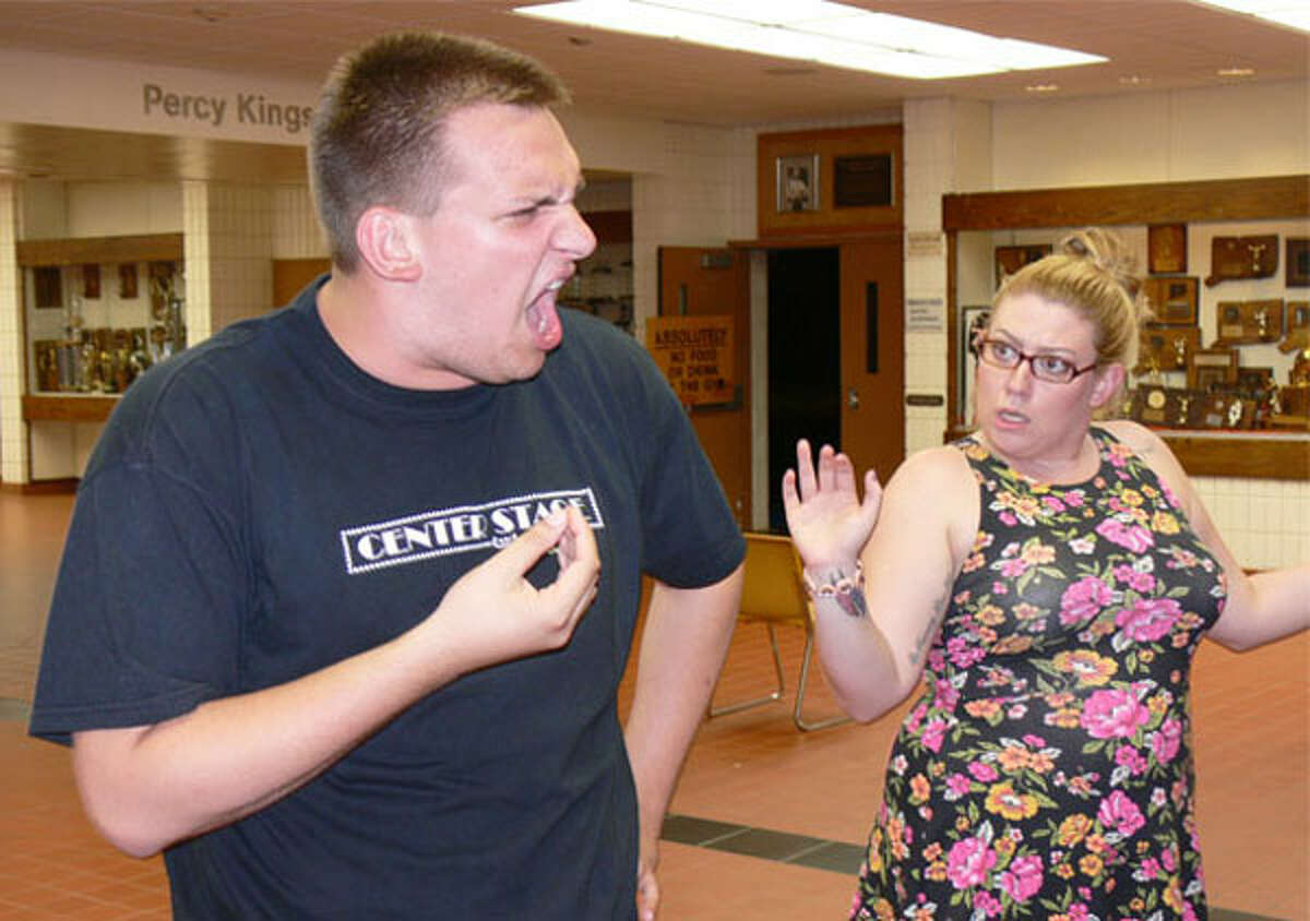 Justin Zenchuk of Shelton and Casey Perruzzi of Stratford rehearse for “The Drowsy Chaperone.”