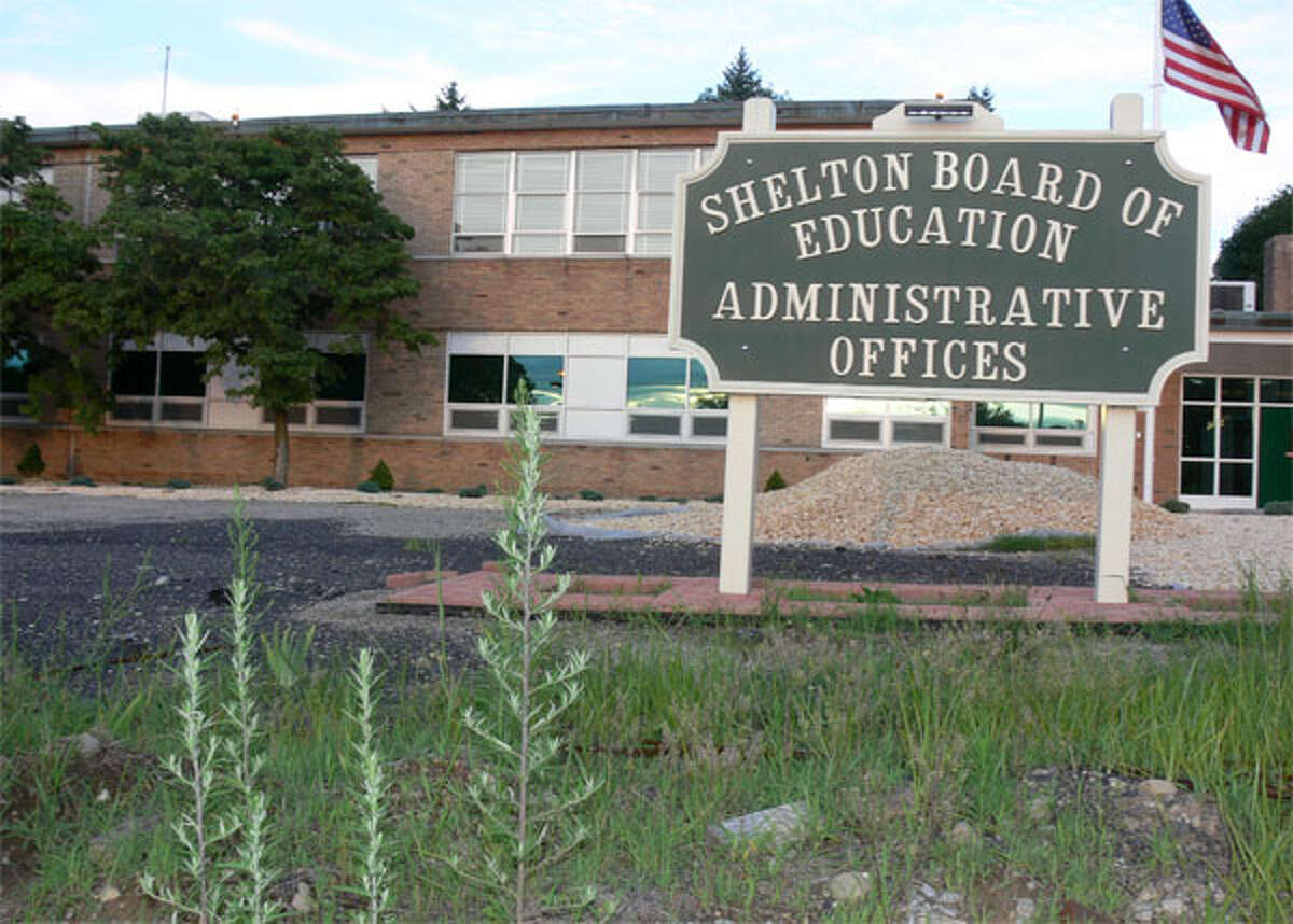 A view of the unfinished landscaping in front of the Shelton school district’s central office building.