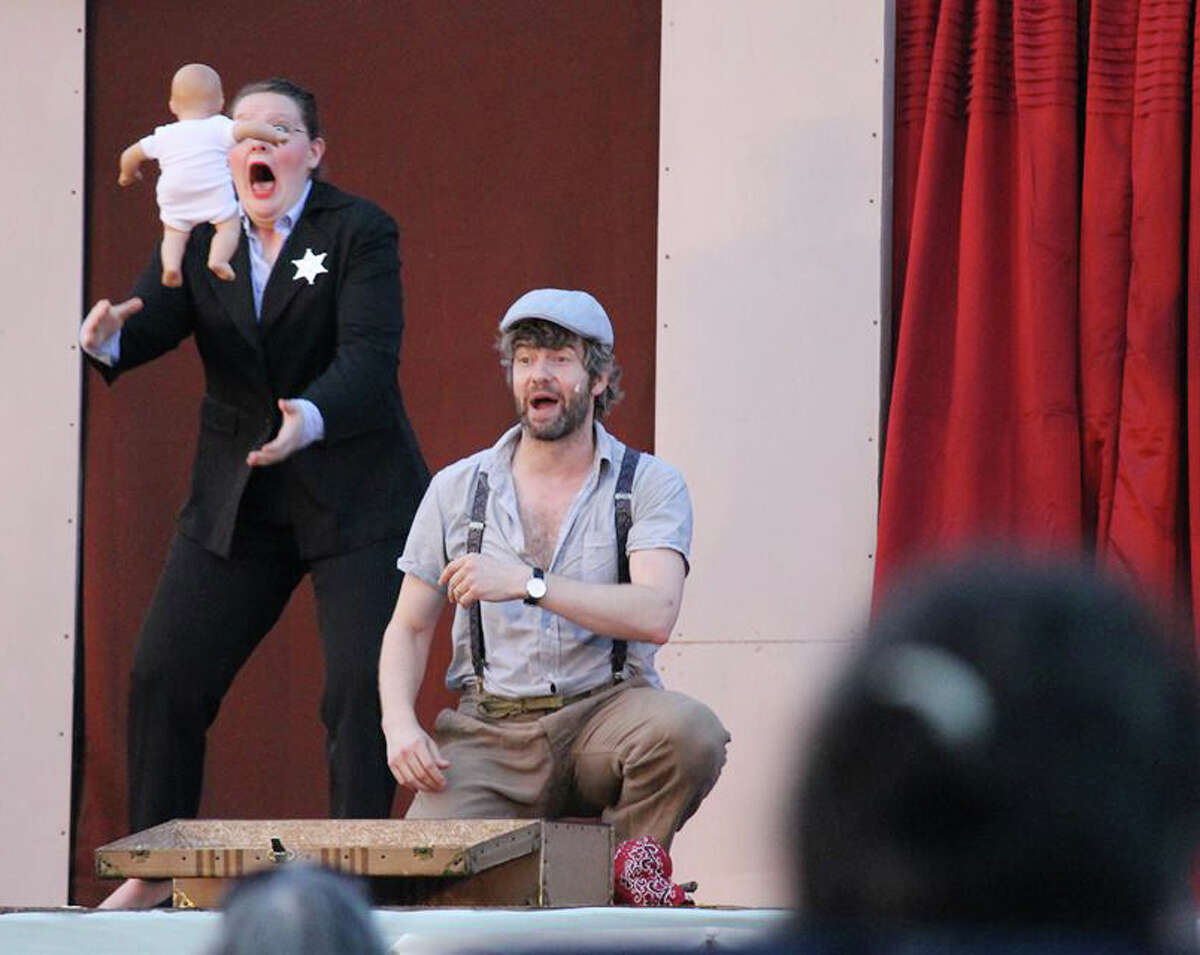 A scene from the Valley Shakespeare Festival’s “The Comedy of Errors” in a downtown Shelton park.