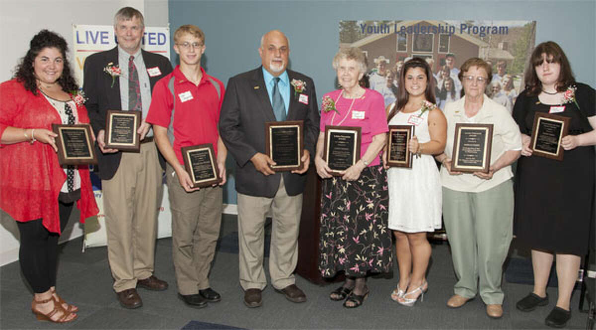 Volunteer of the Year Award winners, from left, Nicole Heriot, Ron Baldwin of Shelton, Tyler Haywood of Shelton, David Pantalone, Carol Osgood of Shelton, Michelle Kellet of Shelton, Marian O’Keefe, and Diane Berti. Not shown is David Rabinove of Shelton.