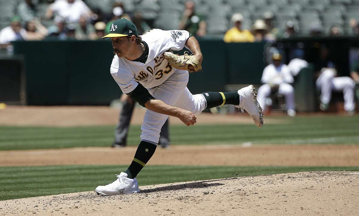 Oakland Athletics pitcher Daniel Mengden throws against the Los Angeles Angels during the third inning of a baseball game in Oakland, Calif., Wednesday, May 29, 2019. (AP Photo/Jeff Chiu)